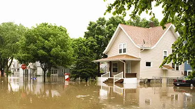 Suburban street flooded after a natural disaster.