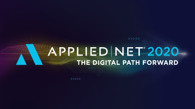 The Applied Systems logo with the words "Applied Net 2020 The Digital Path Forward" on a dark blue background, with a white light beam and a rainbow colored trail going behind the words  