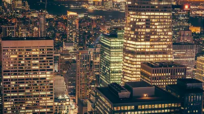 A view of a city skyline at night