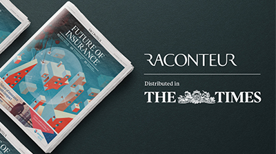 Image of newspaper laid out on a table with words "Raconteur - Distributed in the Times" next to it