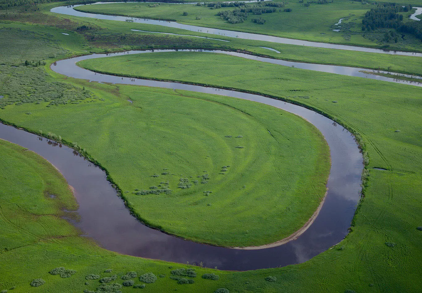 A meandering river in a green field