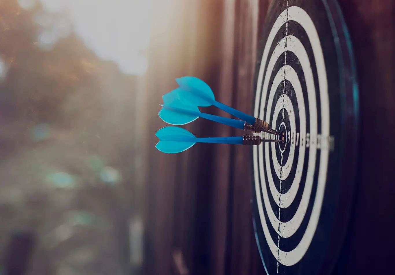 Three darts are stuck in the bullseye in a dart board