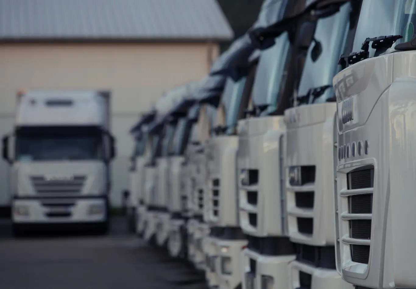 A fleet of semi-trucks are parked side by side in a lot